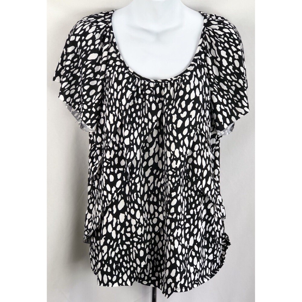 Vintage Babydoll Top XL Blk Wht Geometric Scoop flutter sleeve layered Stretch